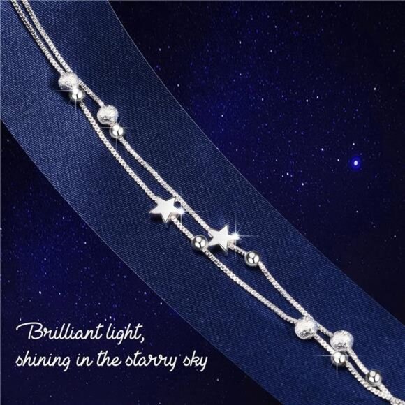 Silver 925 Charm Link Bracelet - Layered Stars & Beads, Adjustable Chain for Wom - Picture 3 of 7